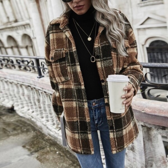 Cozy Brown Black teddy Jacket Coat Pockets - Picture 3 of 5